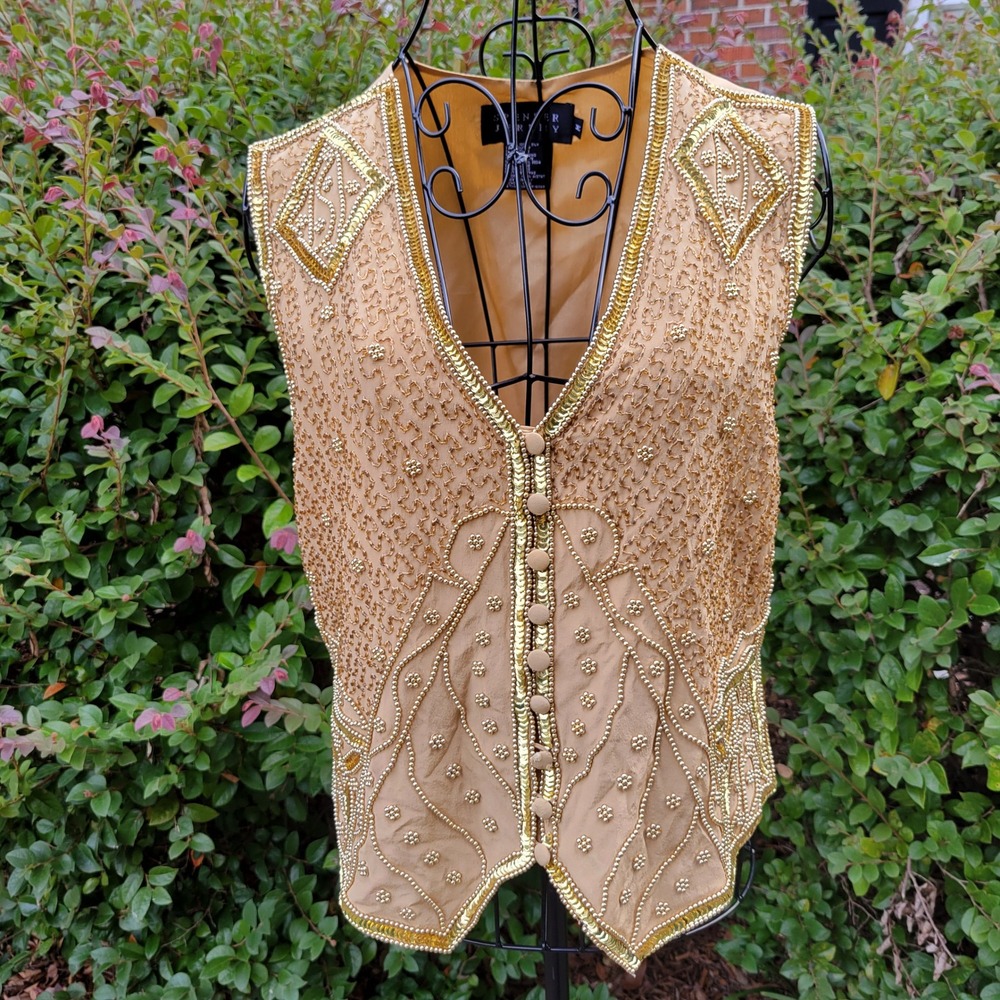 Spenser Jeremy M Vest Gold Silk Beaded Sequin Vintage 90s Glam V Neck Layering